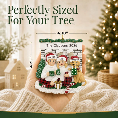 Size guide: the personalized holiday couple with dog christmas ornament shown in hand next to a Christmas tree