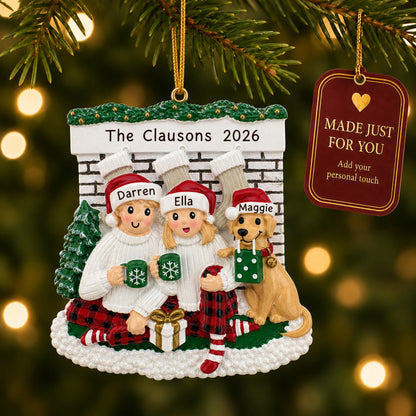 Holiday couple with dog christmas ornament hanging on a lit Christmas tree with a Made Just For You gift tag