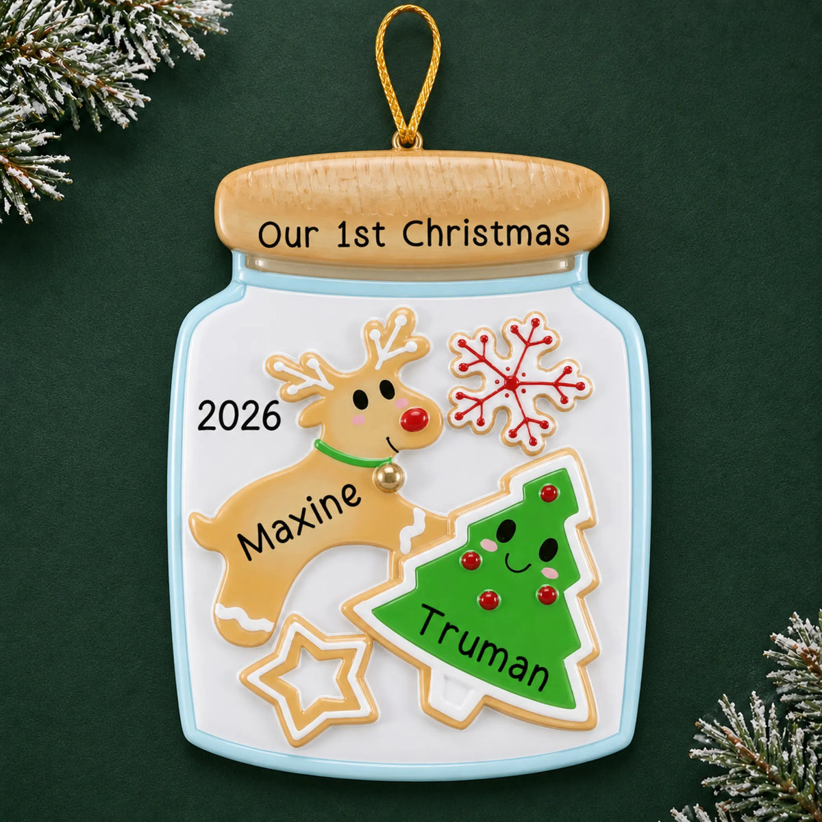 Personalized cookie jar couple christmas ornament on a dark green pine background