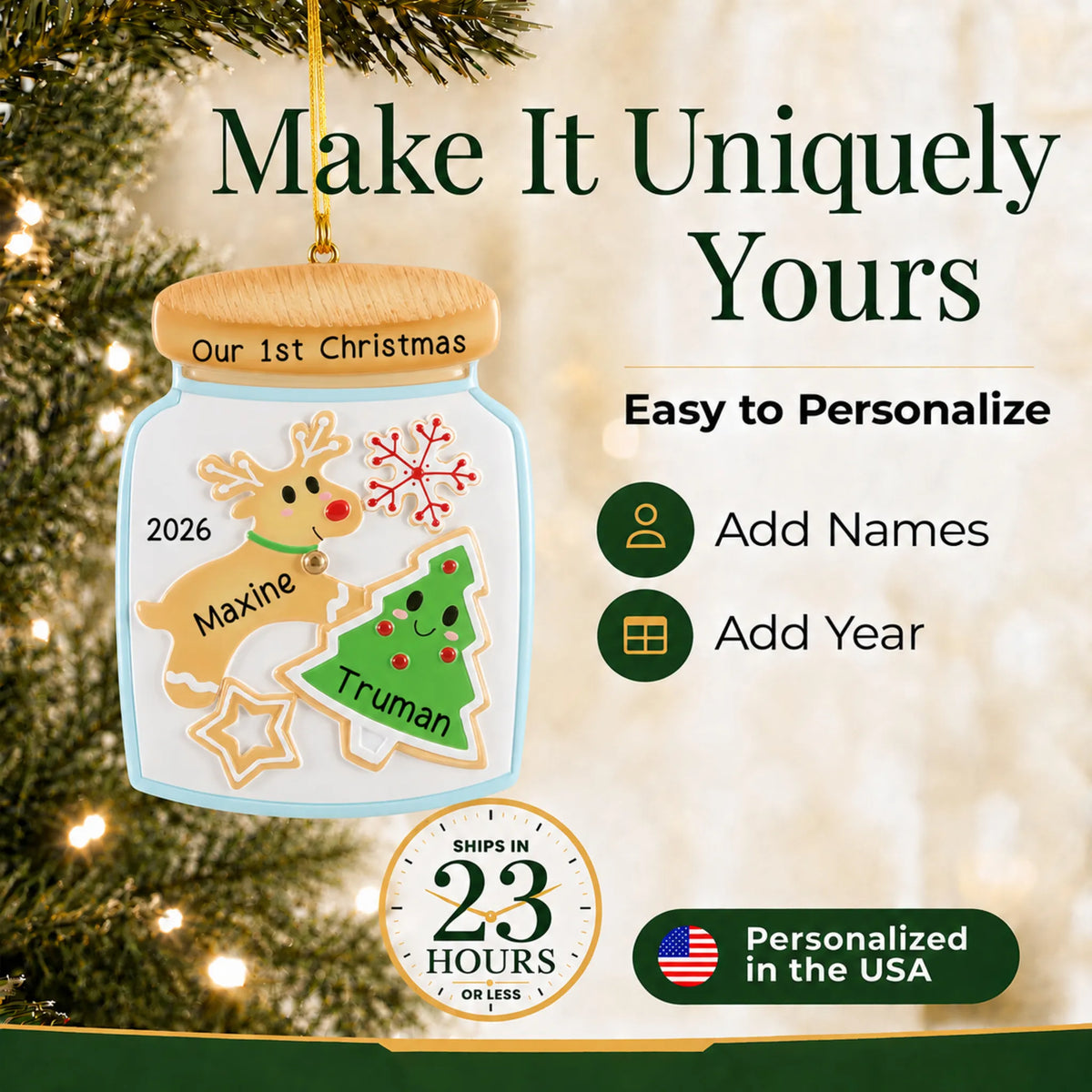 Make it yours: add names to the personalized cookie jar couple christmas ornament