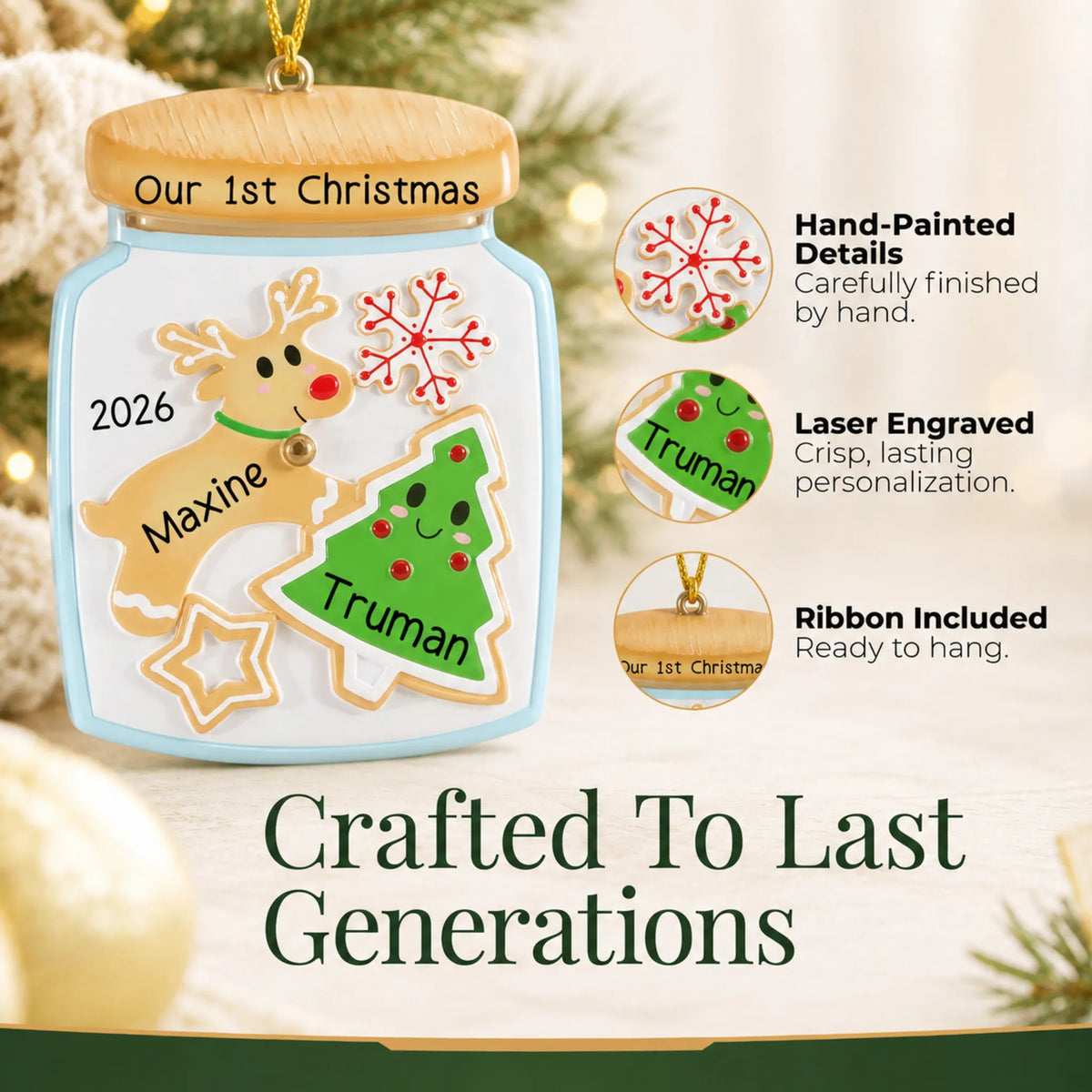 Hand-painted details and laser engraved personalization on the cookie jar couple christmas ornament, ribbon included