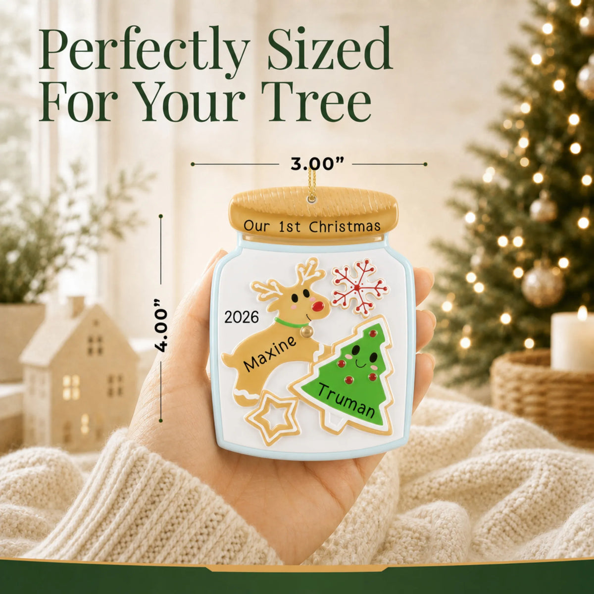 Size guide: the personalized cookie jar couple christmas ornament is 3.00 in wide by 4.00 in tall, shown in hand