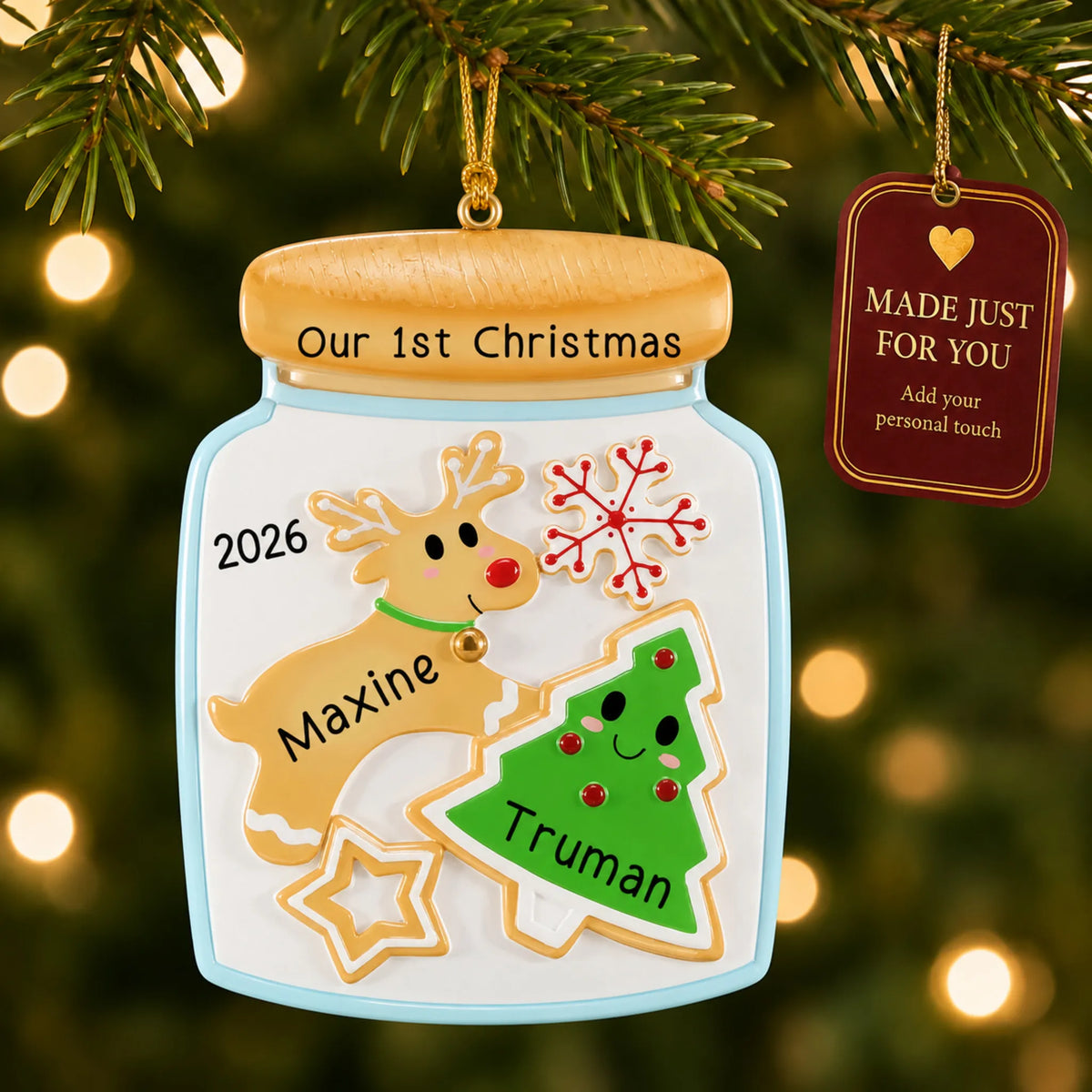 Cookie jar couple christmas ornament hanging on a lit Christmas tree with a Made Just For You gift tag