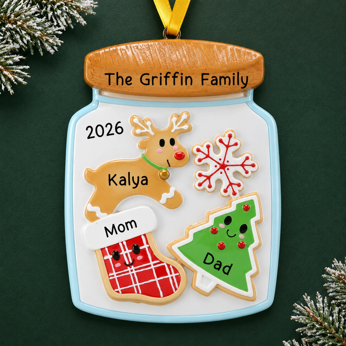Personalized cookie jar family of 3 christmas ornament on a dark green pine background