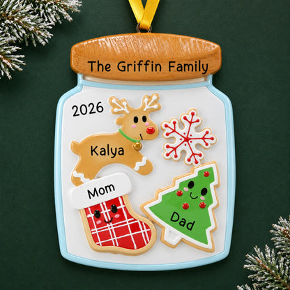 Personalized cookie jar family of 3 christmas ornament on a dark green pine background