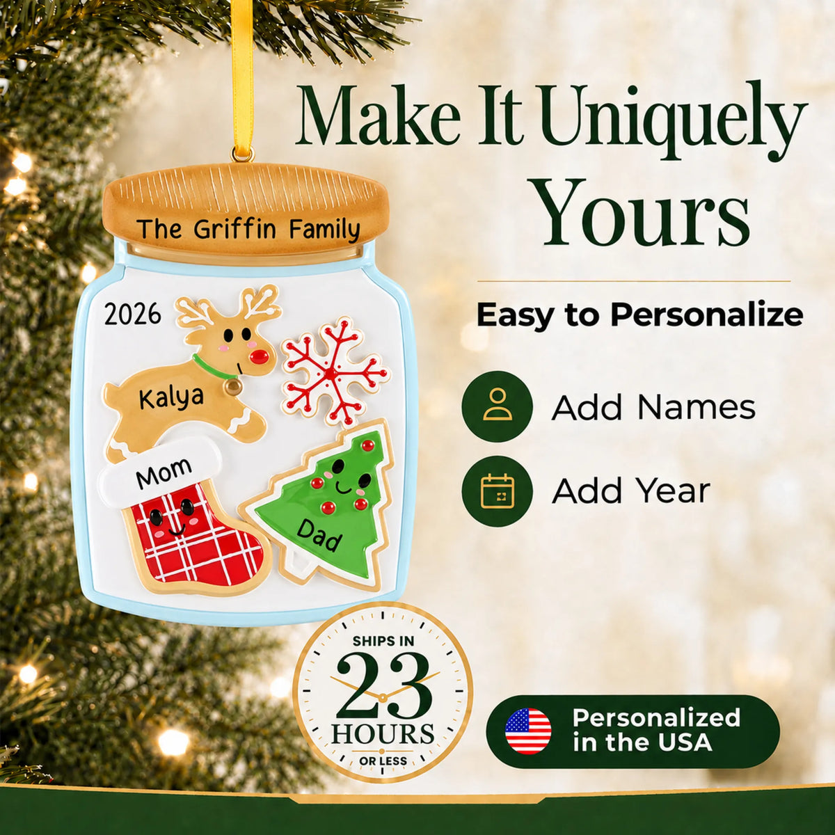 Make it yours: add names and year to the personalized cookie jar family of 3 christmas ornament
