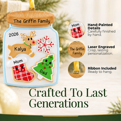 Hand-painted details and laser engraved personalization on the cookie jar family of 3 christmas ornament, ribbon included