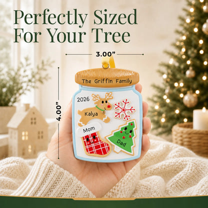 Size guide: the personalized cookie jar family of 3 christmas ornament is 3.00 in wide by 4.00 in tall, shown in hand