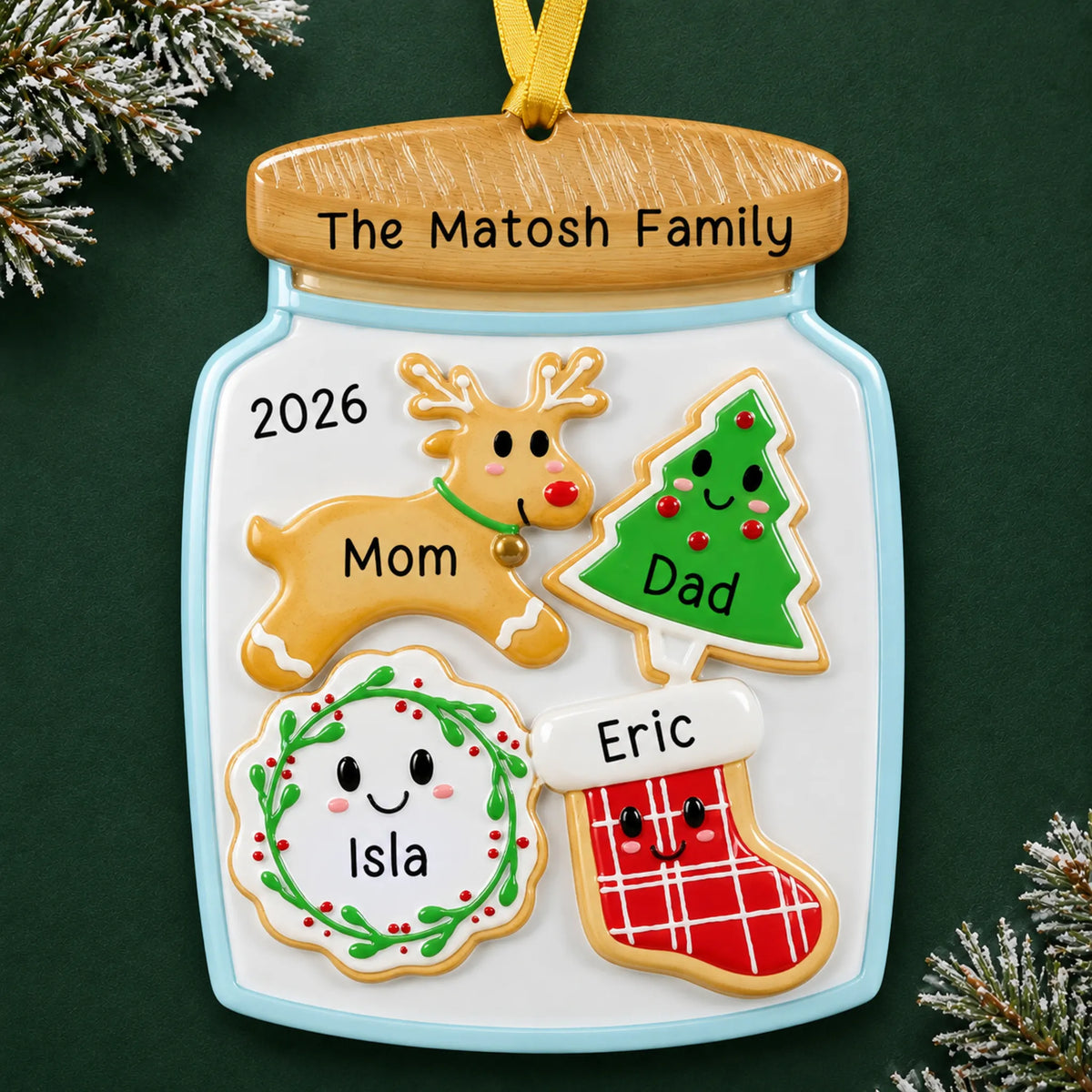 Personalized cookie jar family of 4 christmas ornament on a dark green pine background