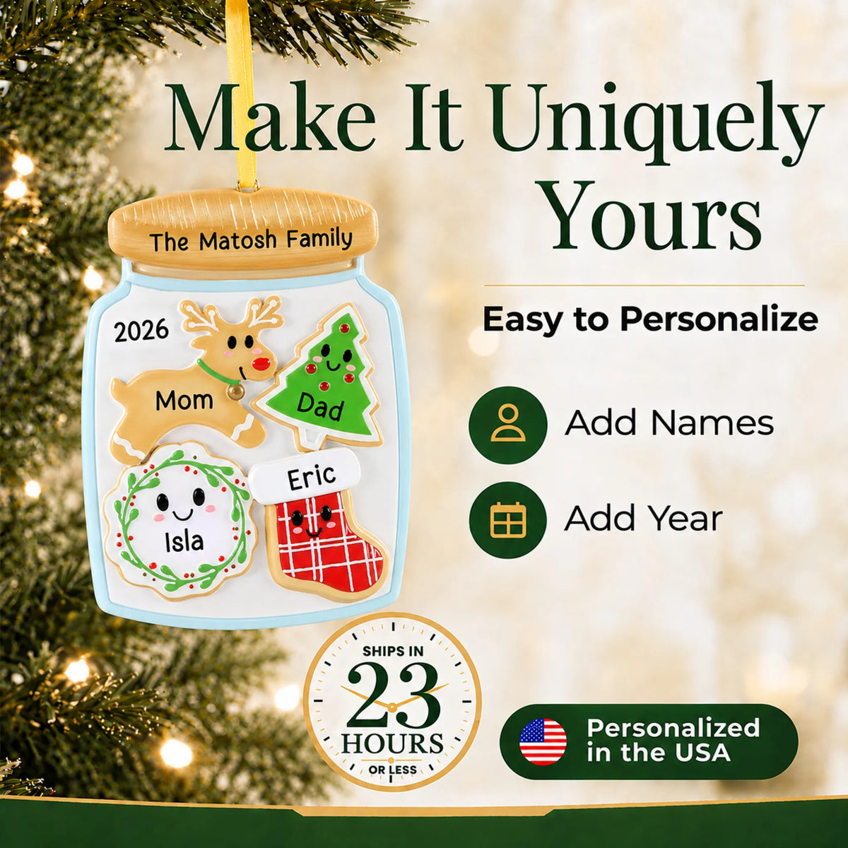Make it yours: add names and year to the personalized cookie jar family of 4 christmas ornament