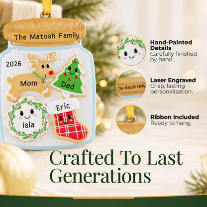 Hand-painted details and laser engraved personalization on the cookie jar family of 4 christmas ornament, ribbon included