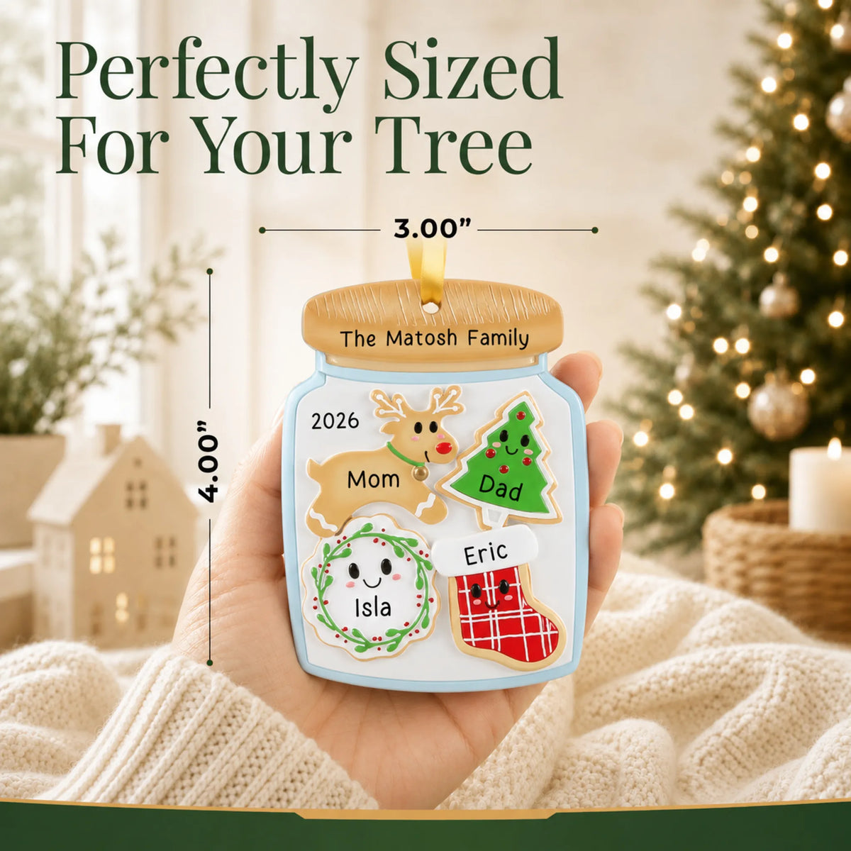 Size guide: the personalized cookie jar family of 4 christmas ornament is 3.00 in wide by 4.00 in tall, shown in hand
