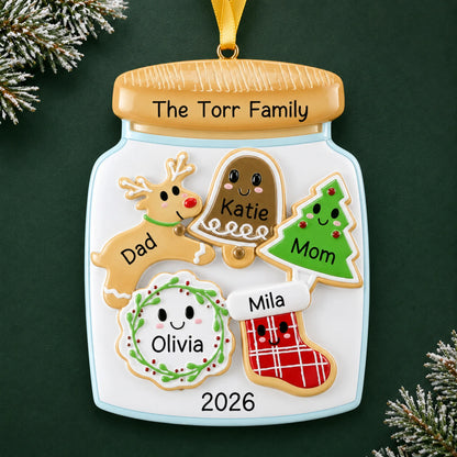 Personalized cookie jar family of 5 christmas ornament on a dark green pine background
