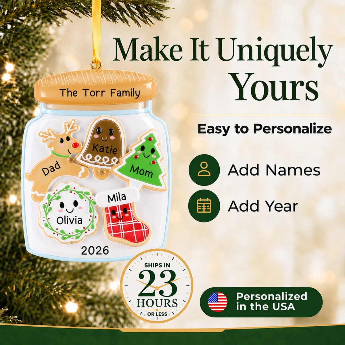 Make it yours: add names and year to the personalized cookie jar family of 5 christmas ornament