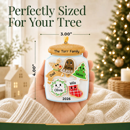 Size guide: the personalized cookie jar family of 5 christmas ornament is 3.00 in wide by 4.00 in tall, shown in hand