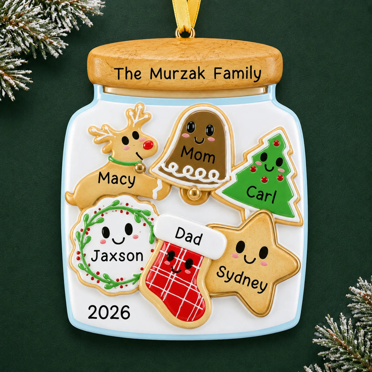 Personalized cookie jar family of 6 christmas ornament on a dark green pine background