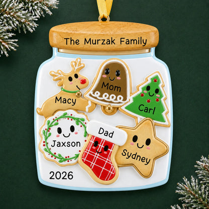 Personalized cookie jar family of 6 christmas ornament on a dark green pine background