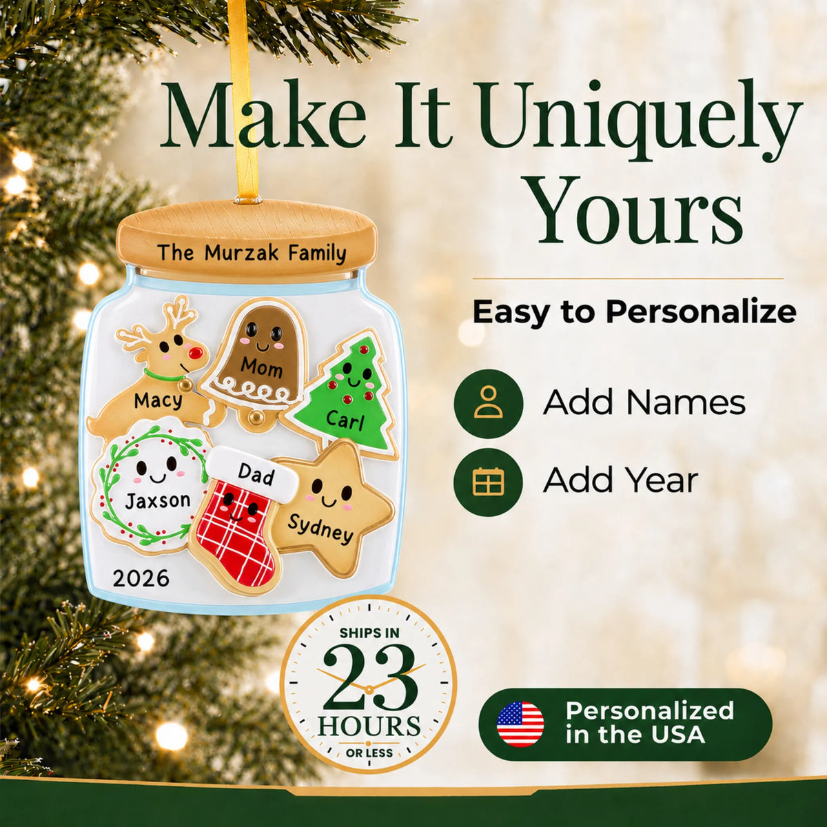 Make it yours: add names and year to the personalized cookie jar family of 6 christmas ornament