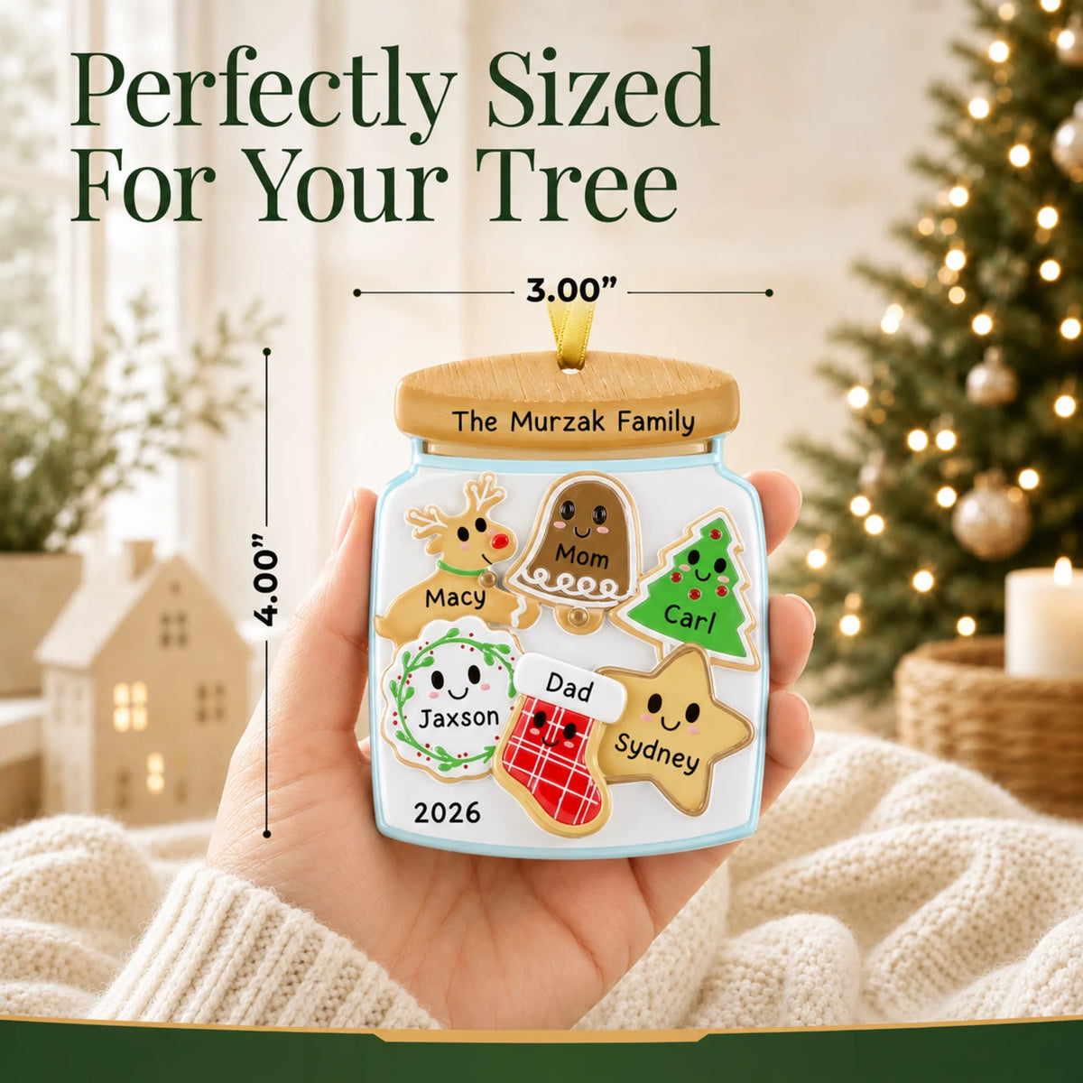 Size guide: the personalized cookie jar family of 6 christmas ornament is 3.00 in wide by 4.00 in tall, shown in hand