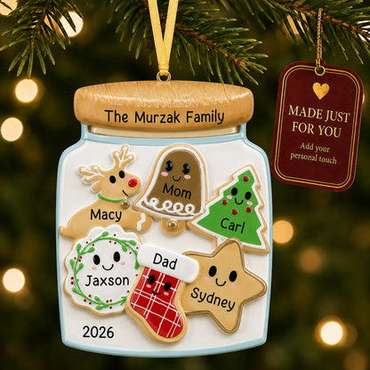 Cookie jar family of 6 christmas ornament hanging on a lit Christmas tree with a Made Just For You gift tag