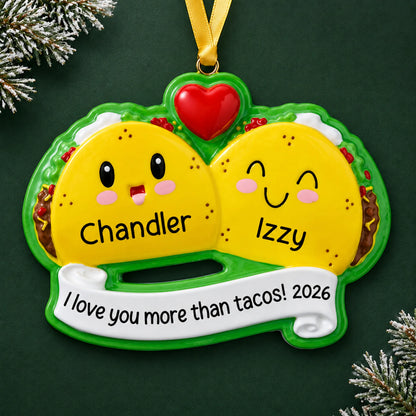 Personalized taco couple christmas ornament on a dark green pine background