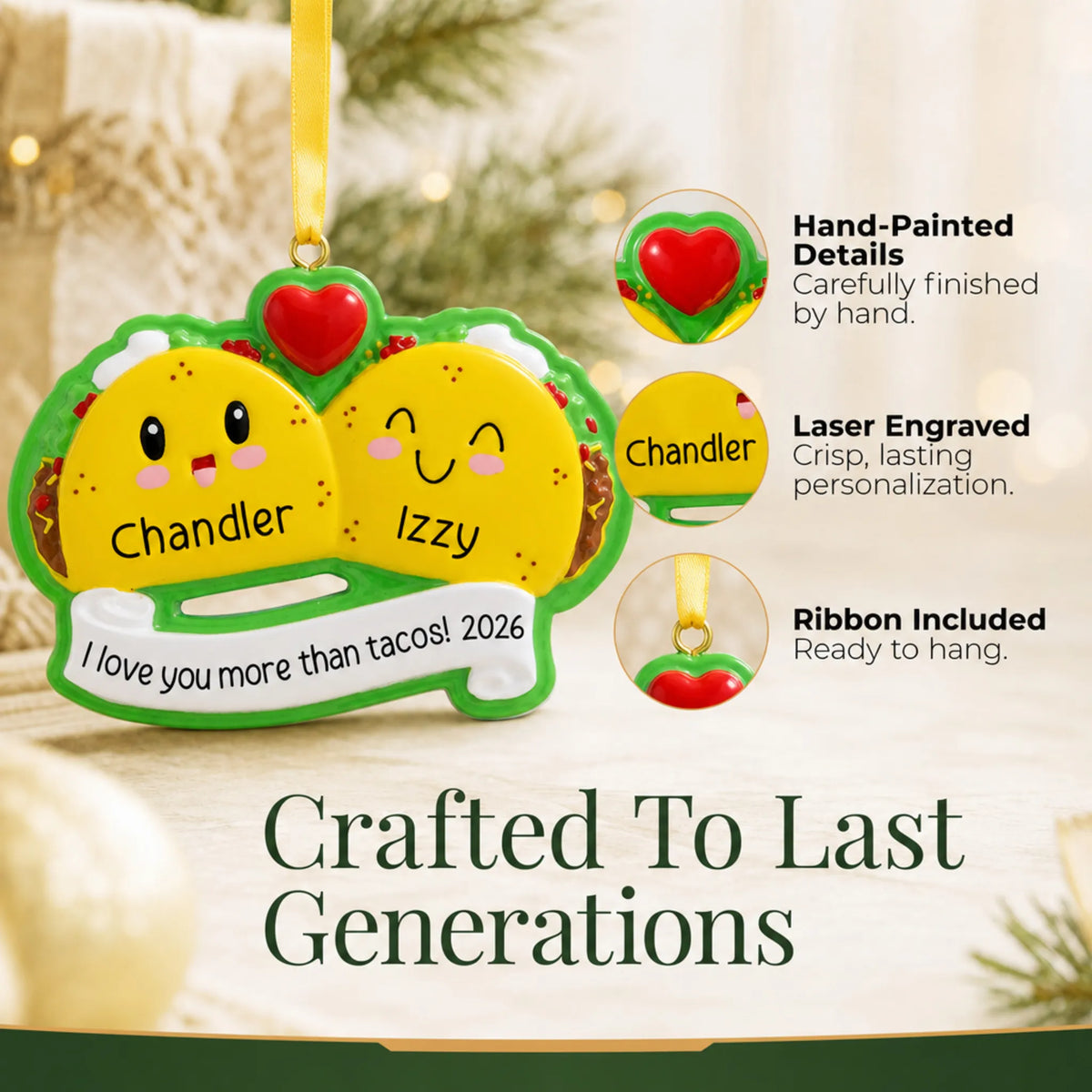Hand-painted details and laser engraved personalization on the taco couple christmas ornament, ribbon included