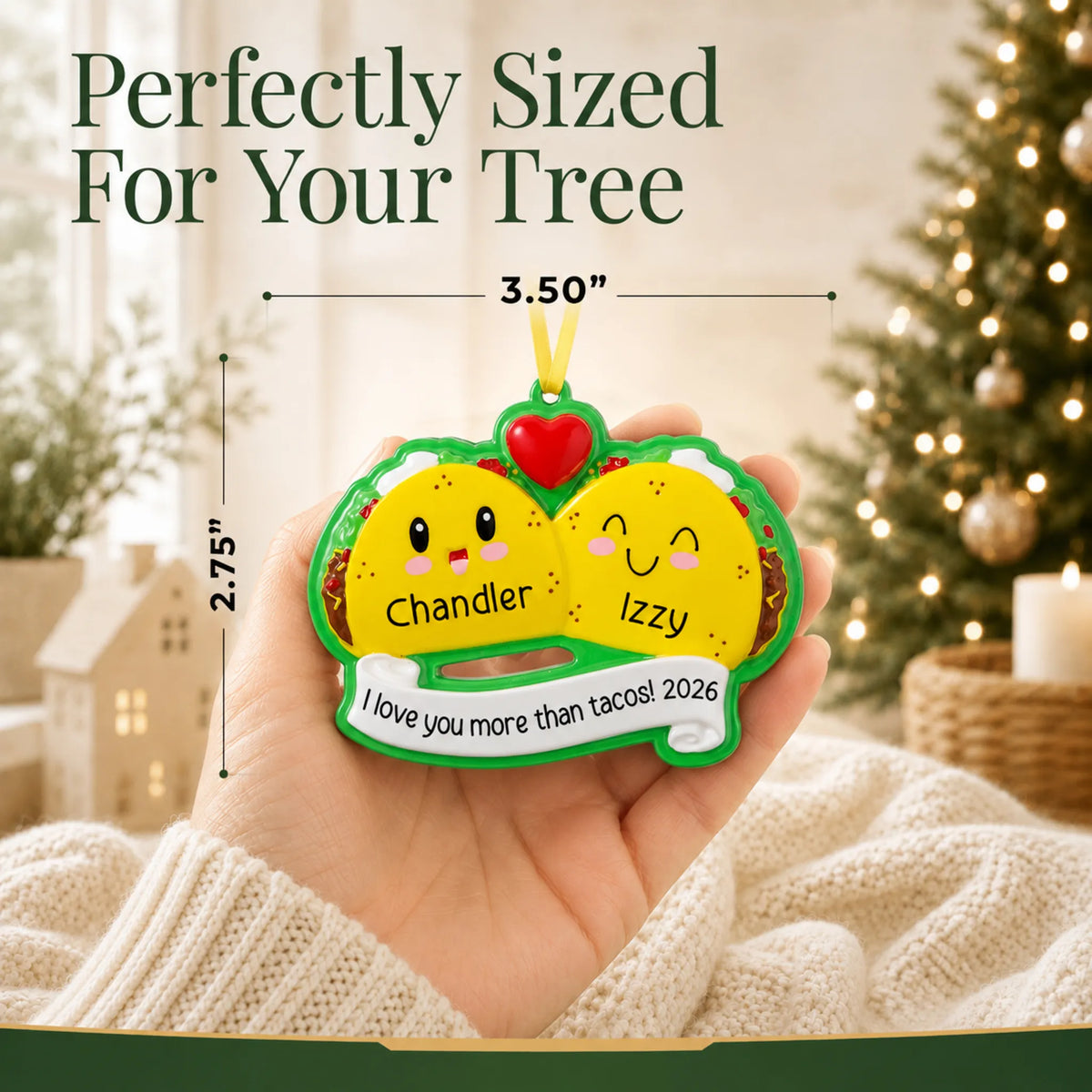 Size guide: the personalized taco couple christmas ornament is 3.50 in wide by 2.75 in tall, shown in hand