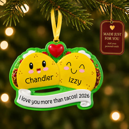 Taco couple christmas ornament hanging on a lit Christmas tree with a Made Just For You gift tag