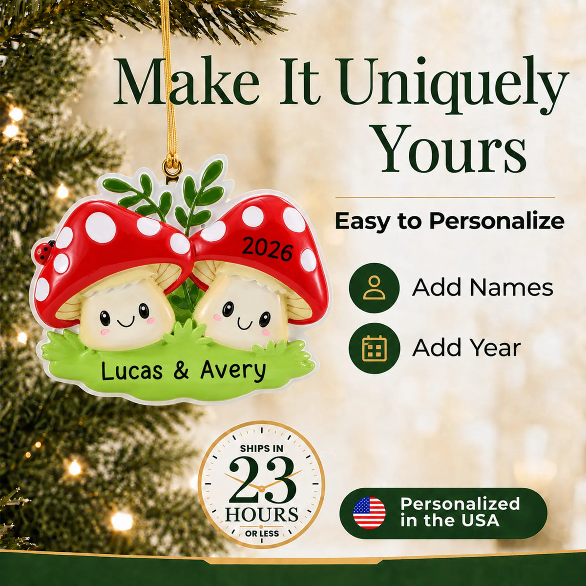 Make it yours: add names to the personalized mushroom couple christmas ornament