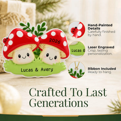 Hand-painted details and laser engraved personalization on the mushroom couple christmas ornament, ribbon included