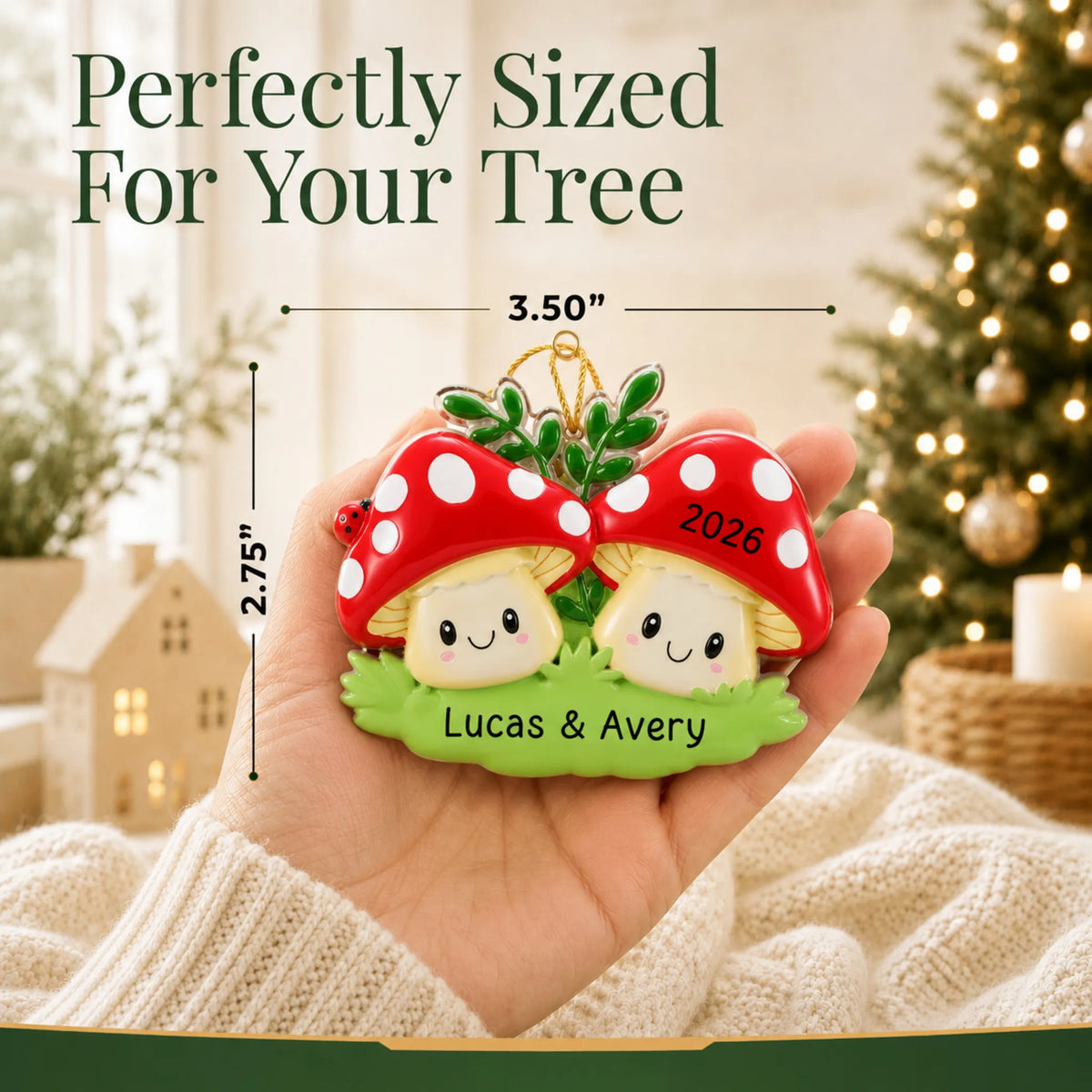 Size guide: the personalized mushroom couple christmas ornament is 3.50 in wide by 2.75 in tall, shown in hand
