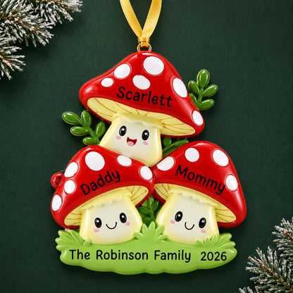Personalized mushroom family of 3 christmas ornament on a dark green pine background
