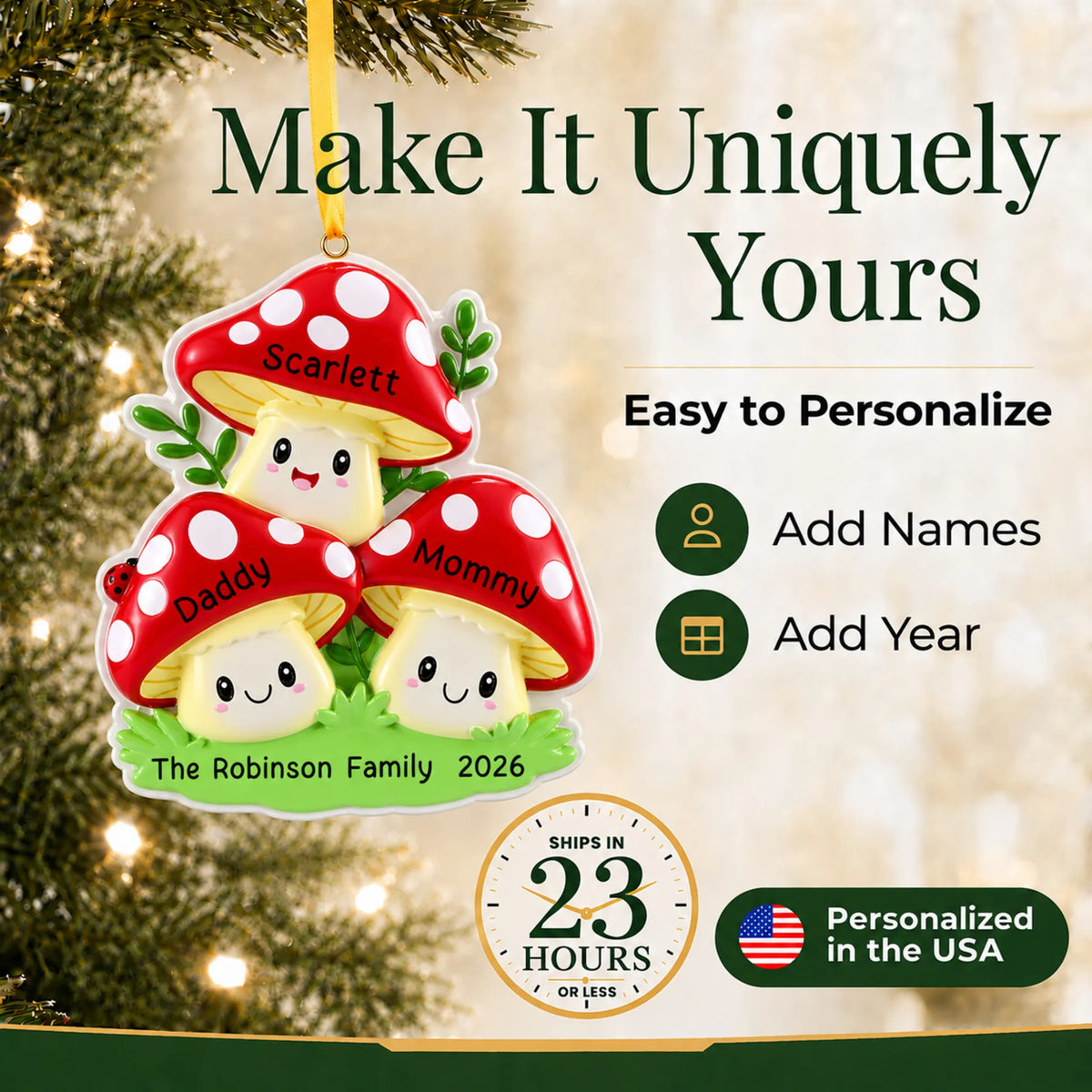 Make it yours: add names and year to the personalized mushroom family of 3 christmas ornament