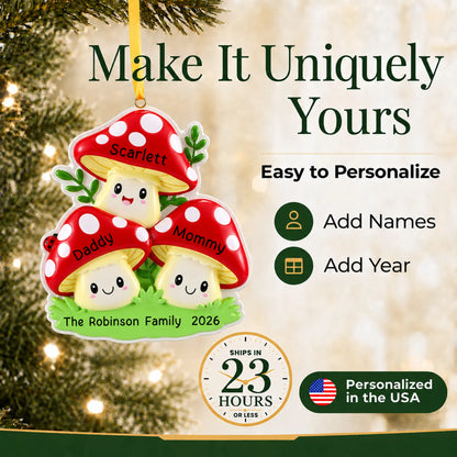 Make it yours: add names and year to the personalized mushroom family of 3 christmas ornament