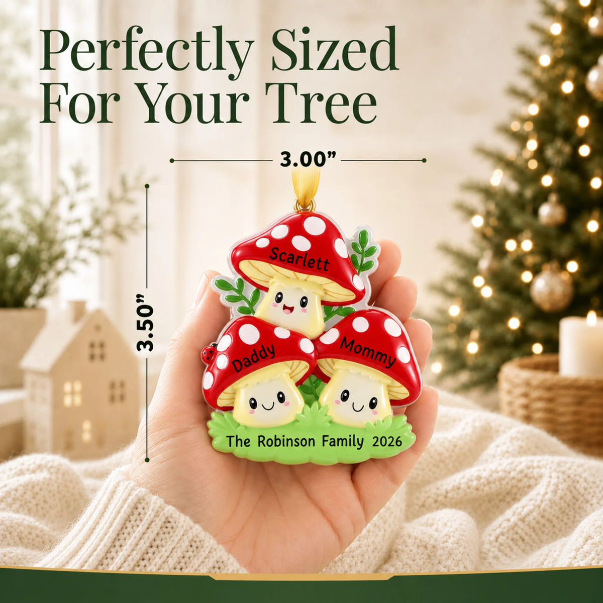 Size guide: the personalized mushroom family of 3 christmas ornament is 3.00 in wide by 3.50 in tall, shown in hand