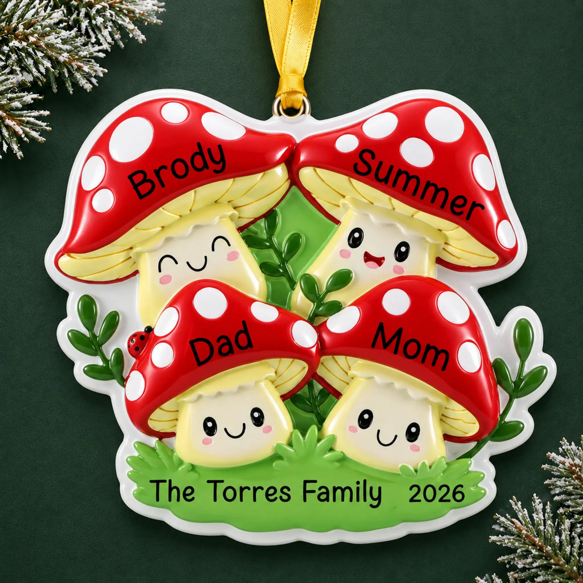Personalized mushroom family of 4 christmas ornament on a dark green pine background