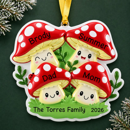 Personalized mushroom family of 4 christmas ornament on a dark green pine background