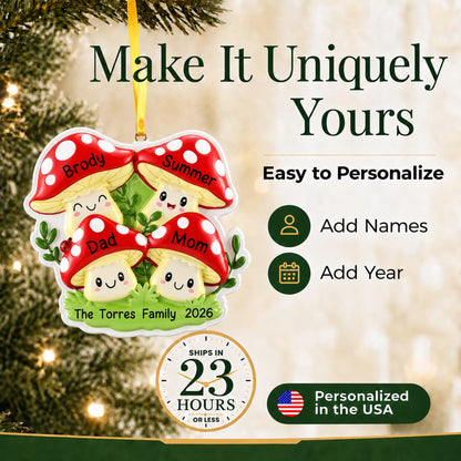 Make it yours: add names and year to the personalized mushroom family of 4 christmas ornament