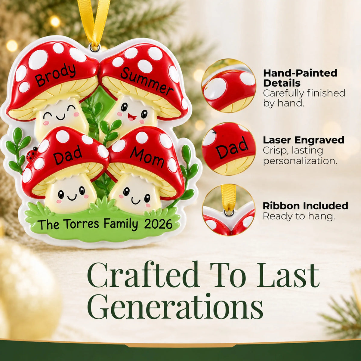 Hand-painted details and laser engraved personalization on the mushroom family of 4 christmas ornament, ribbon included