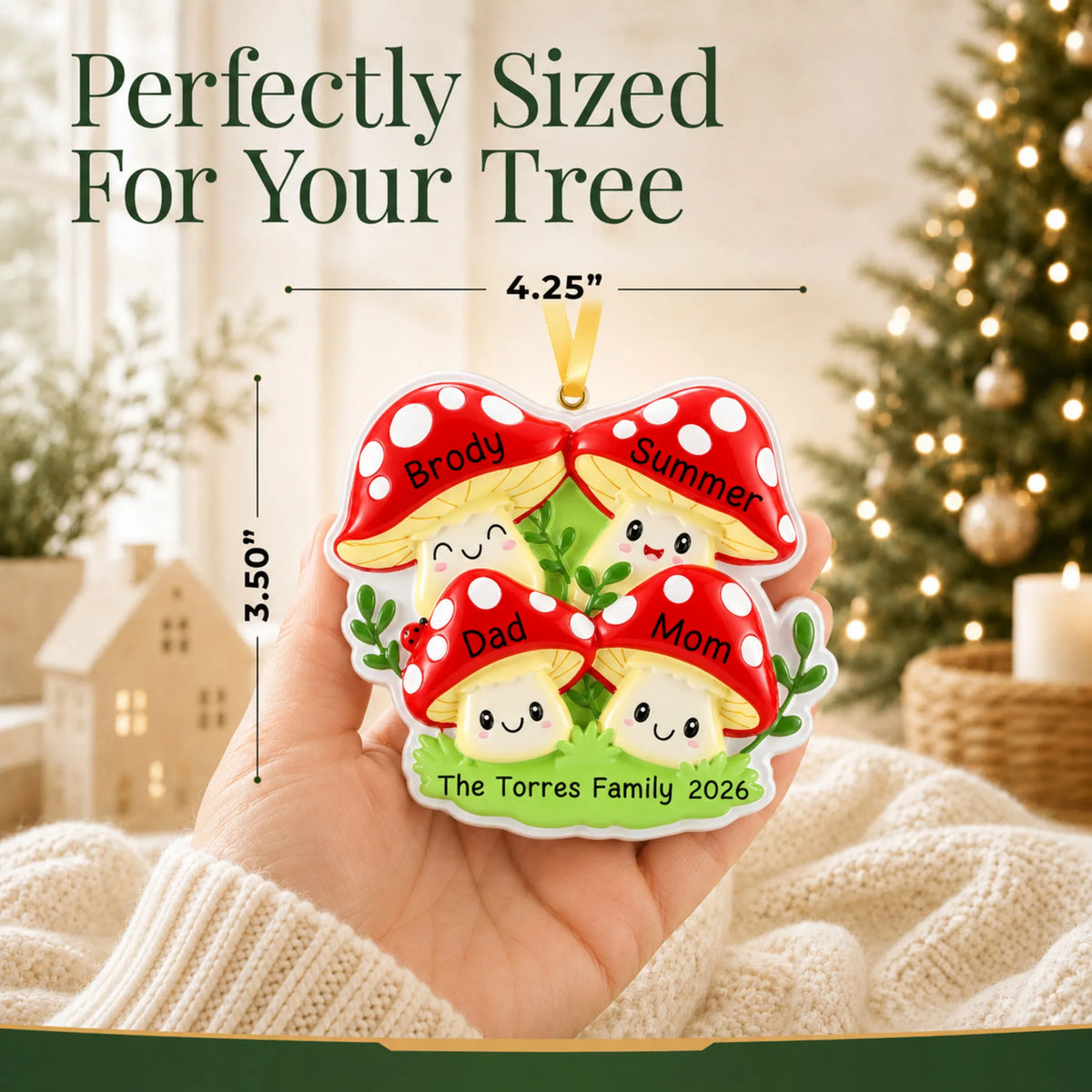 Size guide: the personalized mushroom family of 4 christmas ornament is 4.25 in wide by 3.50 in tall, shown in hand