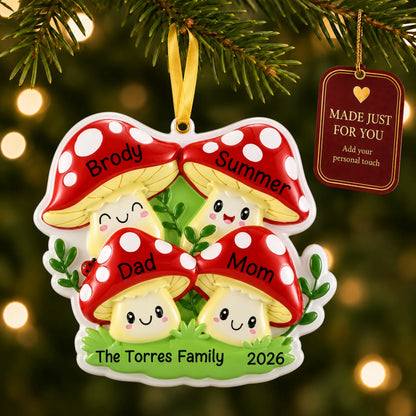 Mushroom family of 4 christmas ornament hanging on a lit Christmas tree with a Made Just For You gift tag
