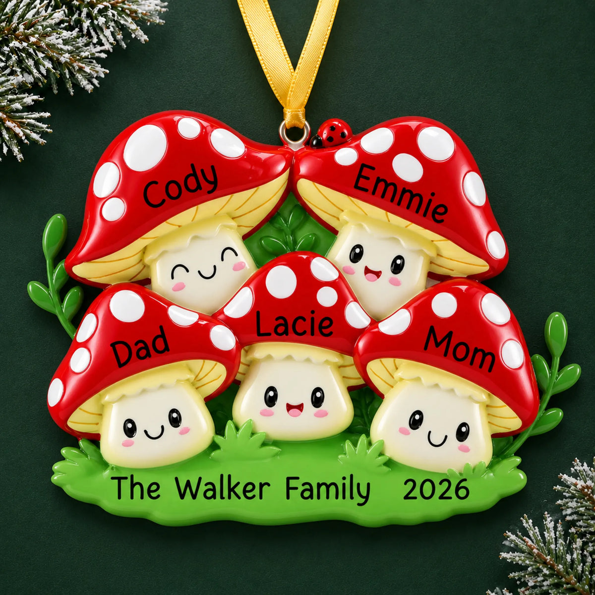 Personalized mushroom family of 5 christmas ornament on a dark green pine background