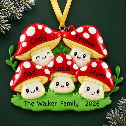 Personalized mushroom family of 5 christmas ornament on a dark green pine background