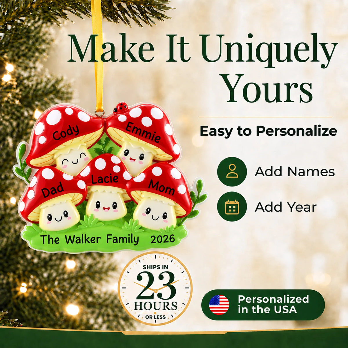 Make it yours: add names and year to the personalized mushroom family of 5 christmas ornament