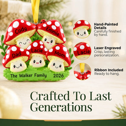Hand-painted details and laser engraved personalization on the mushroom family of 5 christmas ornament, ribbon included