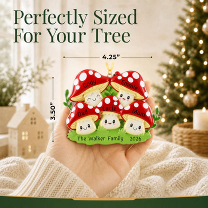 Size guide: the personalized mushroom family of 5 christmas ornament is 4.25 in wide by 3.50 in tall, shown in hand