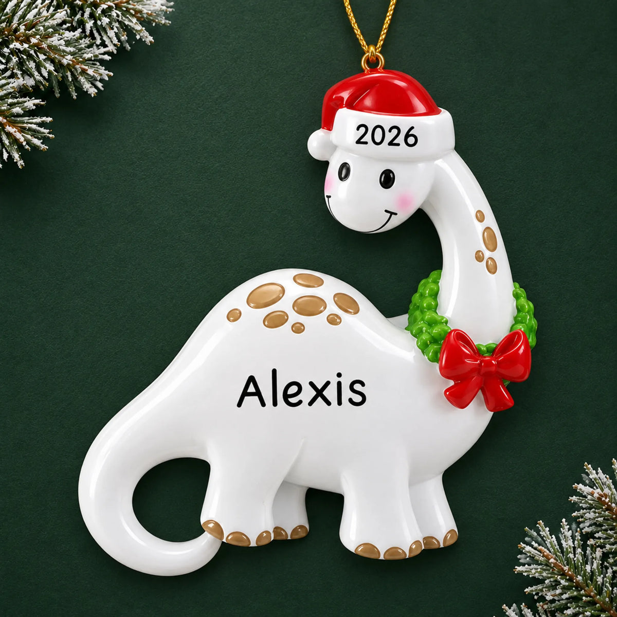 Personalized white dinosaur christmas ornament on a dark green pine background