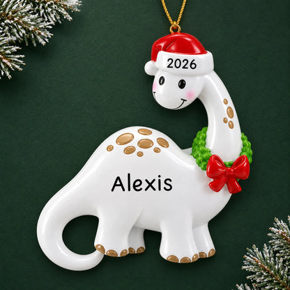 Personalized white dinosaur christmas ornament on a dark green pine background