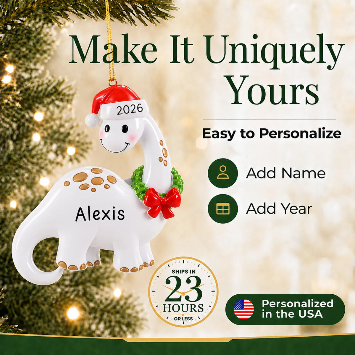 Make it yours: add name and year to the personalized white dinosaur christmas ornament