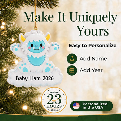 Make it yours: add name and year to the personalized blue baby boy yeti christmas ornament